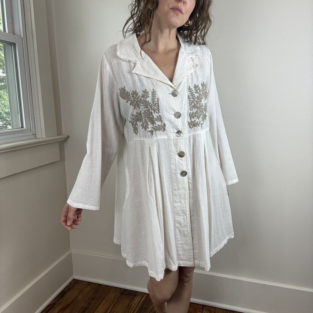 Boho Cotton Gauze Embroidered Babydoll Dress Button Front Pockets L, Paper Lace